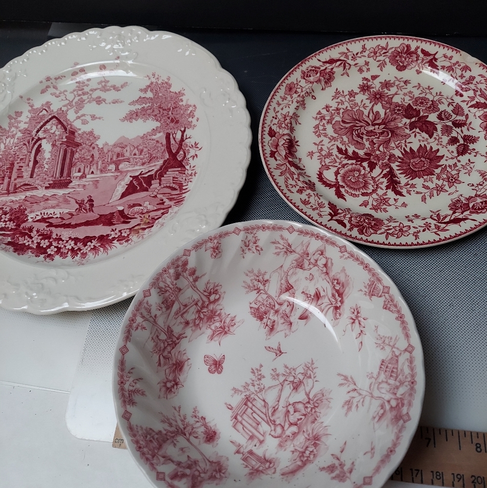 Pink spring bouquet plate,soup-salad bowl and bread and butter plate shabby chic